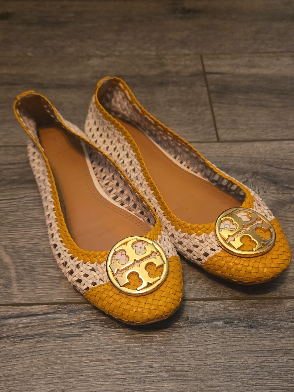 Tory Burch Cream Woven Ballet Flats with Yellow Trim and Gold Logo